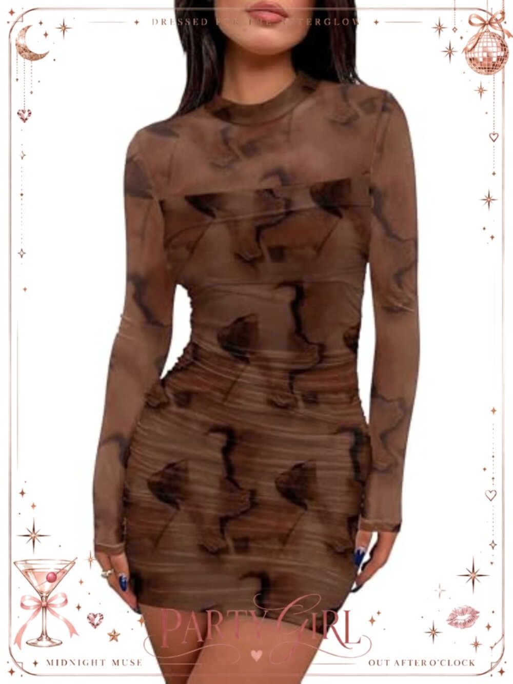 WIHOLL Women's Mesh Sheer Long Sleeve Ruched Mini Dress Bodycon Party Club Dress